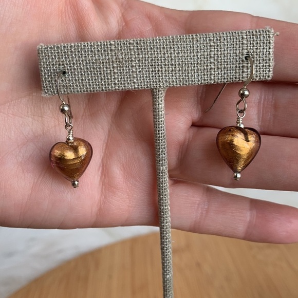 Barmakian Vintage Gold Tone Foil Murano Venetian Glass Heart Dangle Earrings Box - Picture 10 of 11